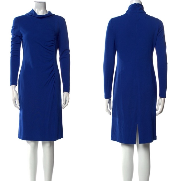 NWT Lafayette 148 Royal Blue Long Sleeve Midi Dress w Side Ruching Mock Neck 10